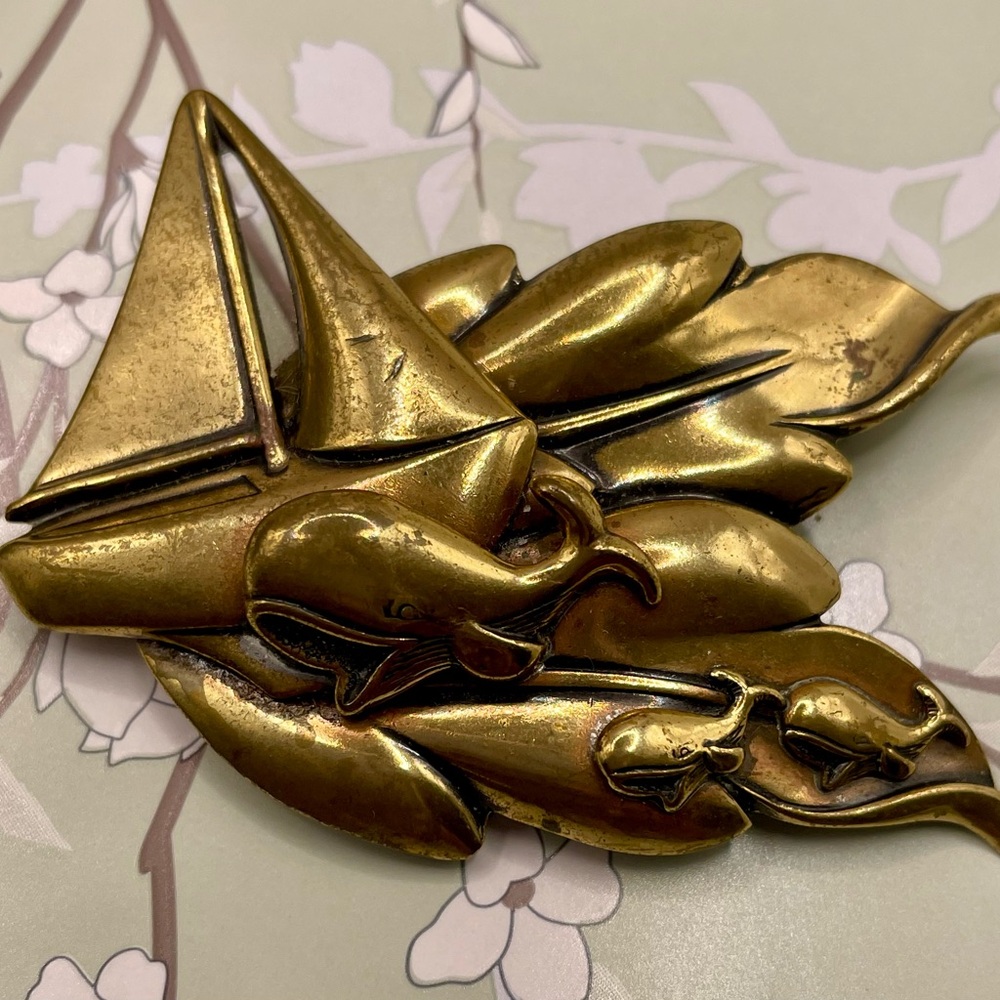 Vintage Gold Tone Sailboat and Whale Brooch Pin
